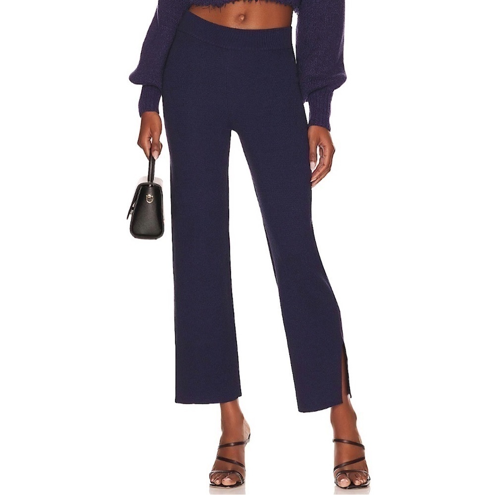 NEW L'Academie Kaden Knit High Rise Straight Split Hem Pull On Pant Navy Large